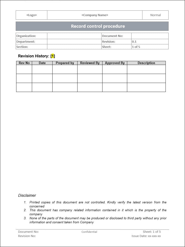 Record control procedure, Record control procedure ISO 14001