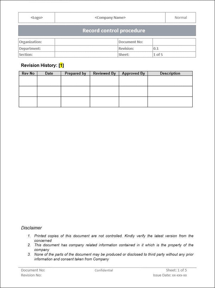 Record control procedure, Record control procedure ISO 14001