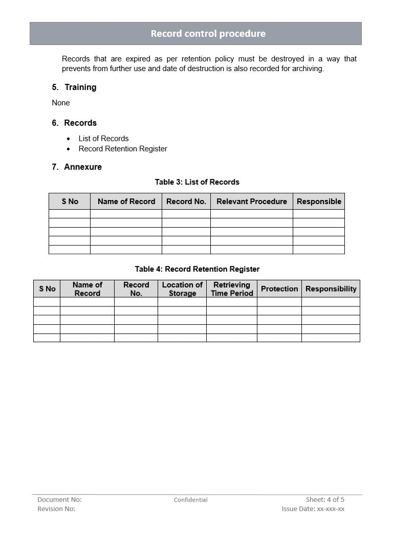 Record control procedure, Records retention register