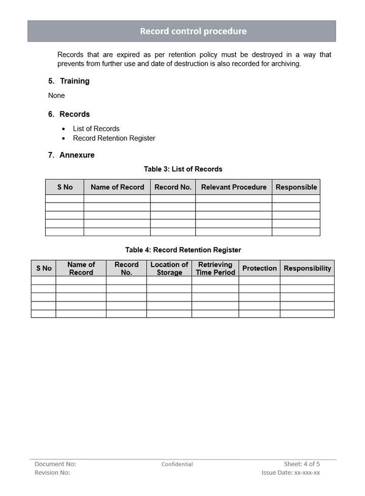 Record control procedure, Records retention register