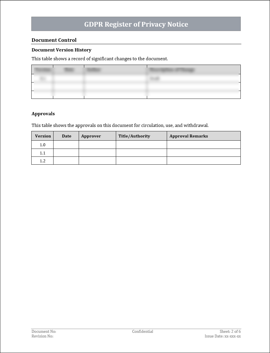 GDPR Register of Privacy Notice Template