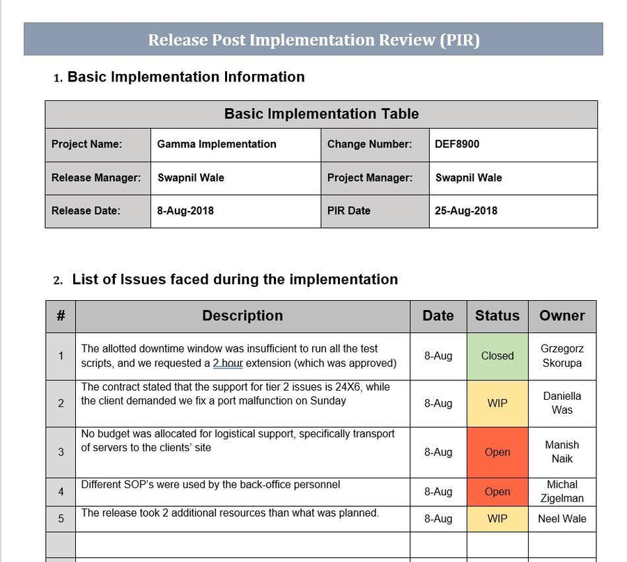 post-implementation review template