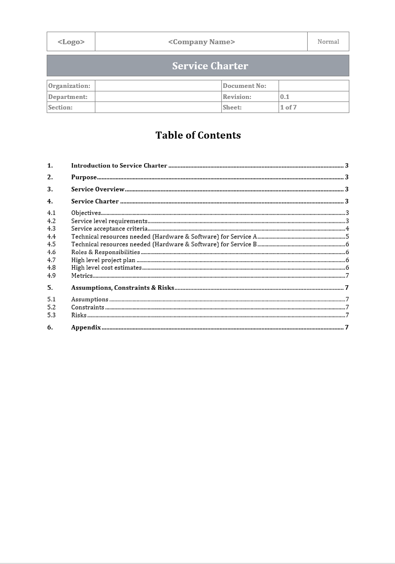 Service Charter Template, Service Charter