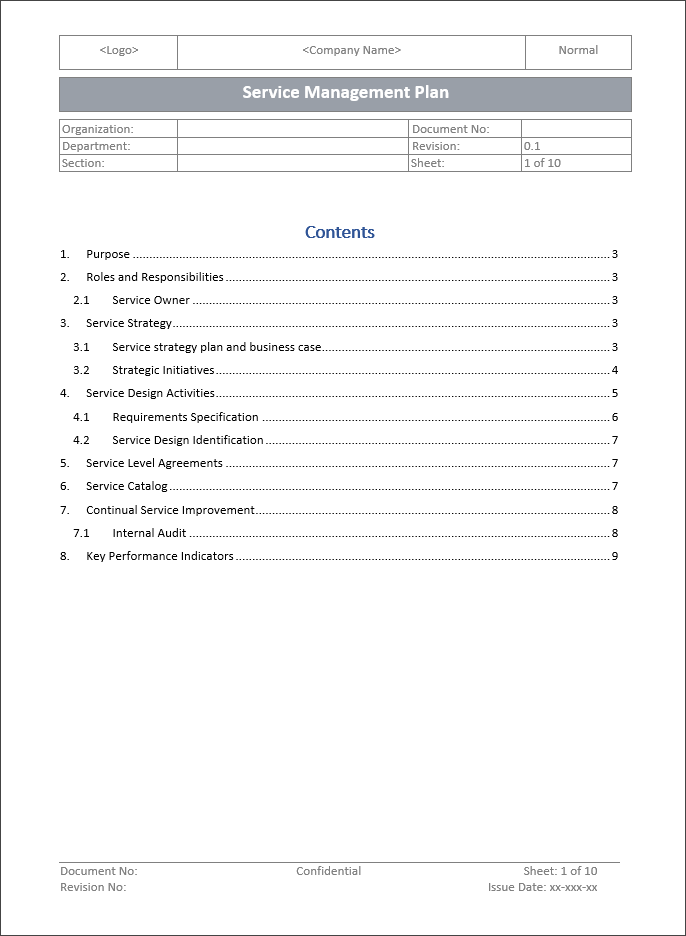 Service Management Plan Content