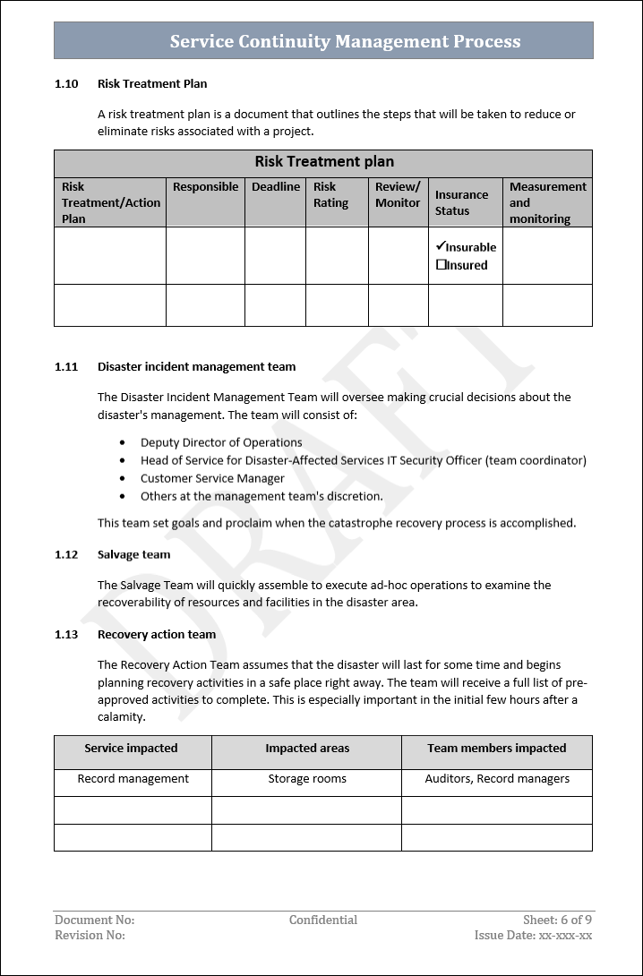 Service Continuity Management Process Word Termplate