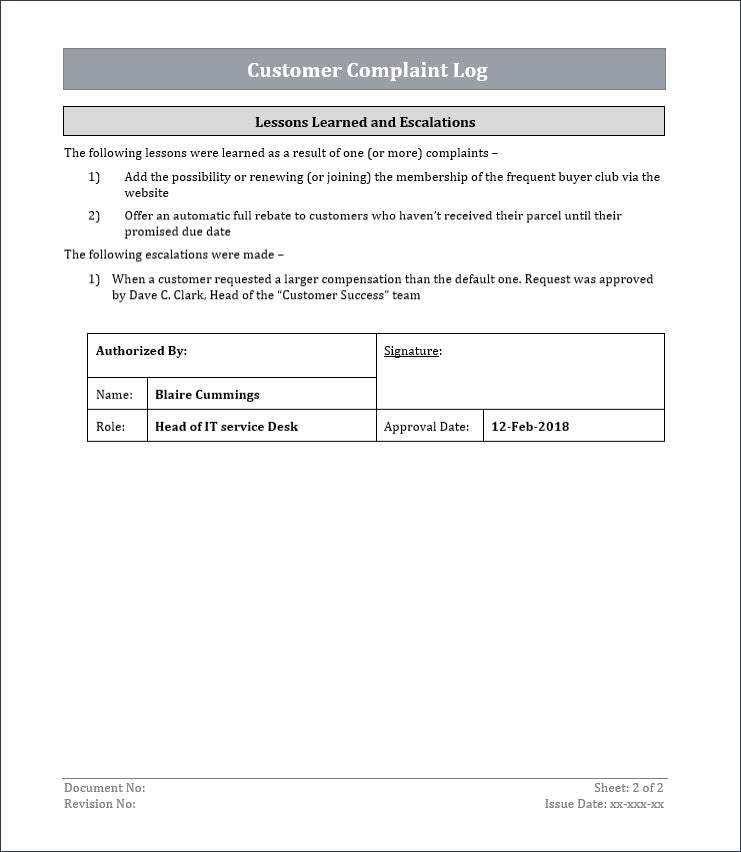 customer complaint log