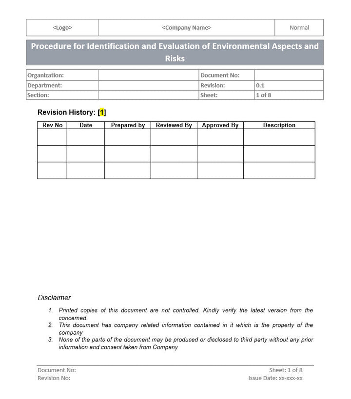 Identification and Evaluation of Environmental Aspects and Risks