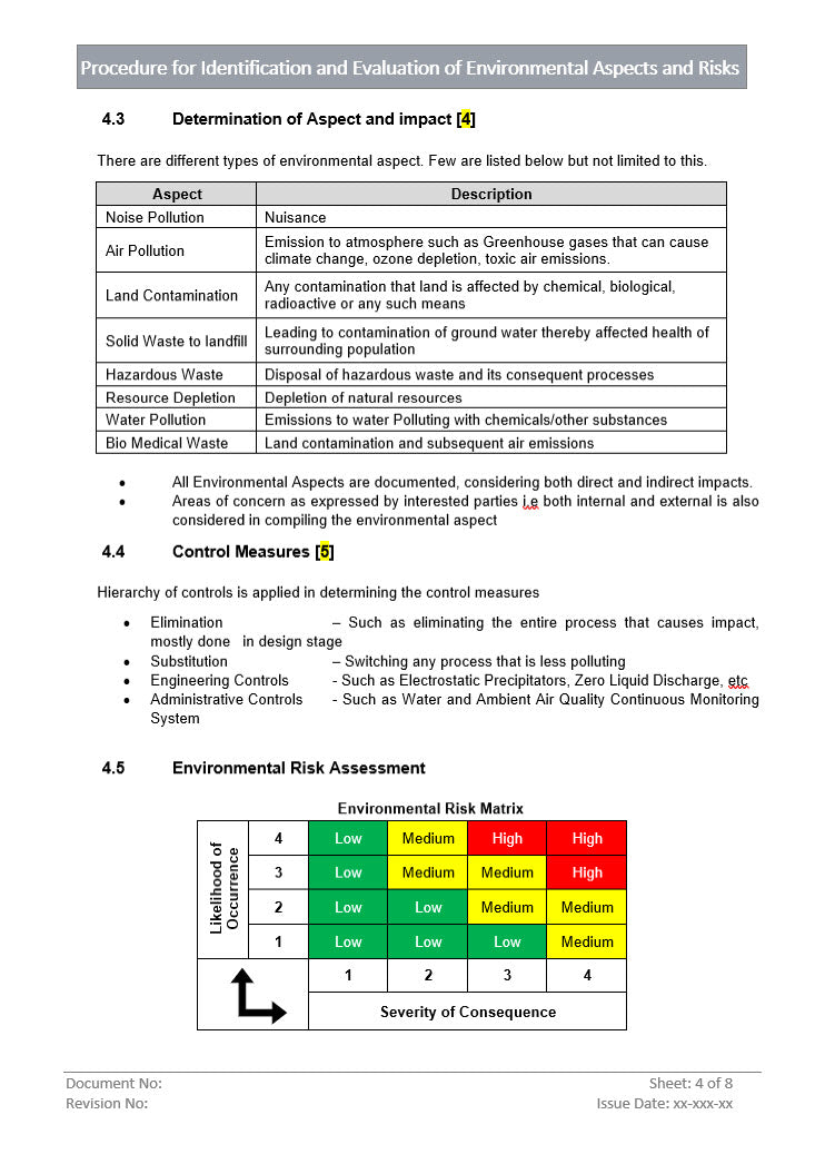 Identification and Evaluation of Environmental Aspects and Risks, environment risk assessment