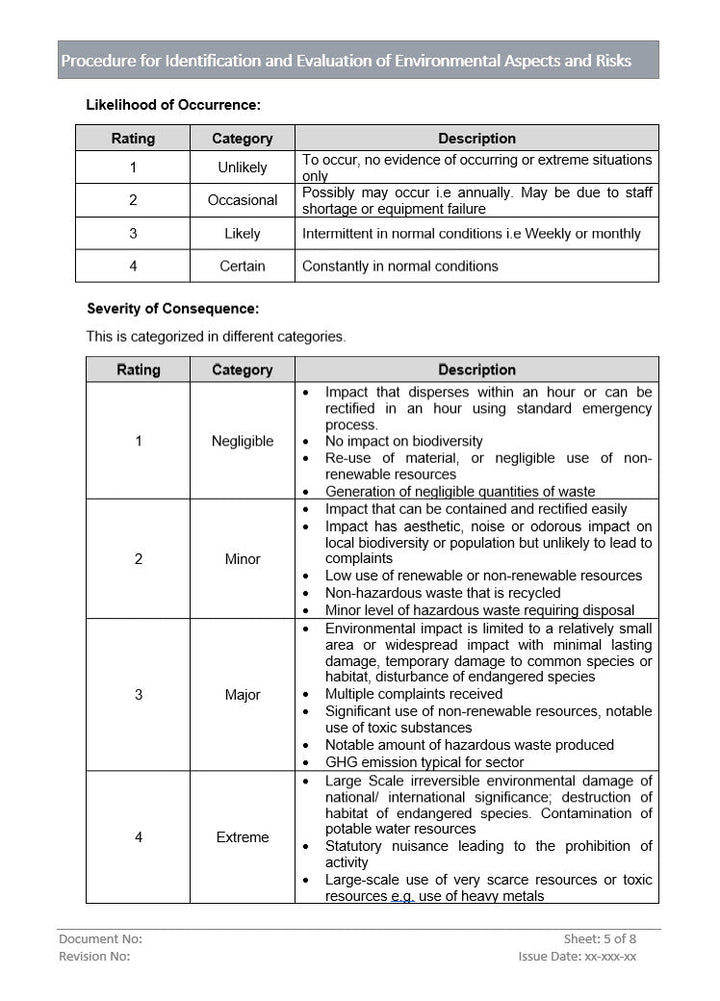 Identification and Evaluation of Environmental Aspects and Risks, severity of consequence