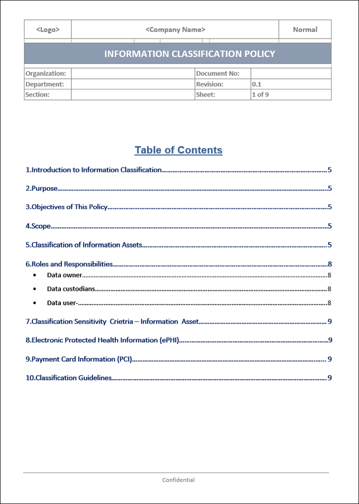 information classification policy, information classification, information classification template