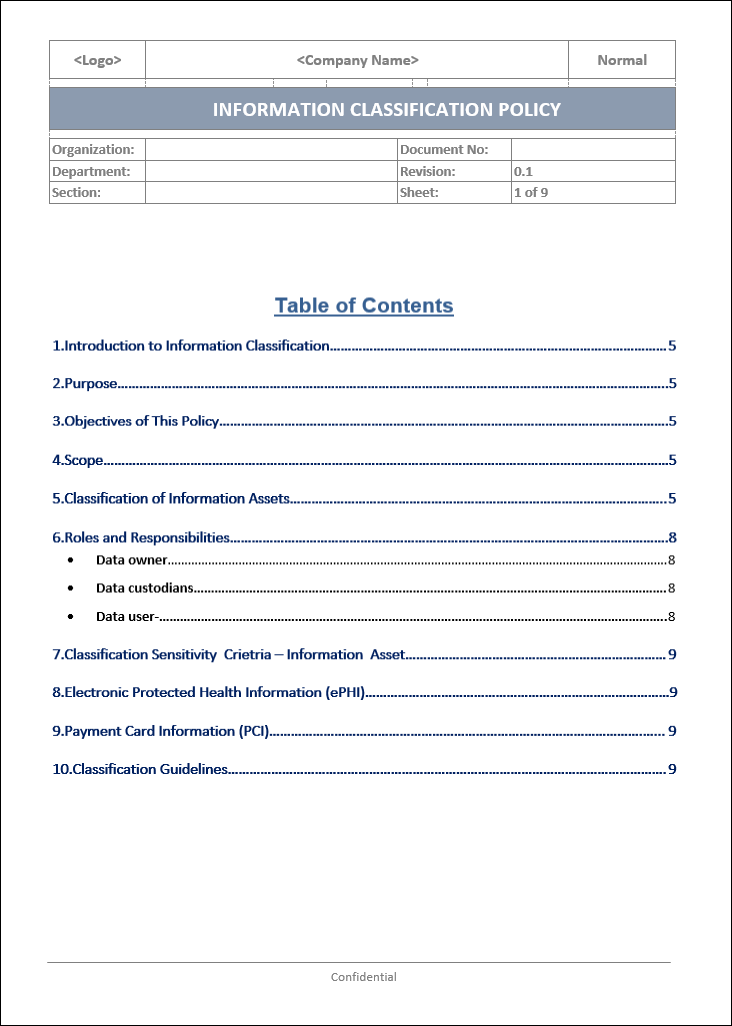 information classification policy, information classification, information classification template