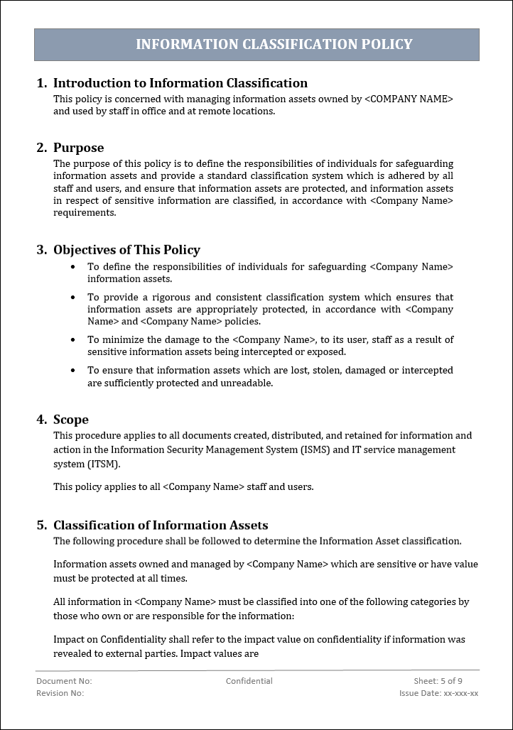 information classification policy, information classification, information classification template