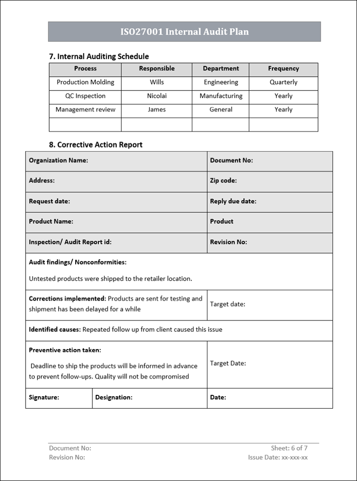 Internal audit plan, Corrective Action Report