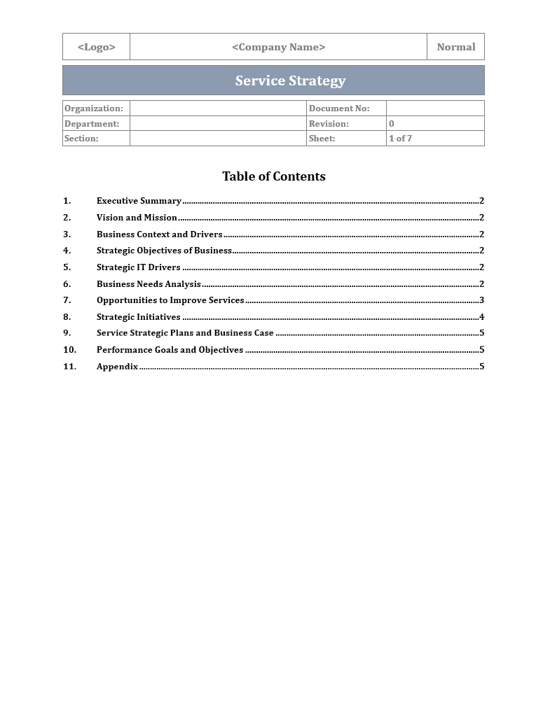 Service strategy template, Service strategy