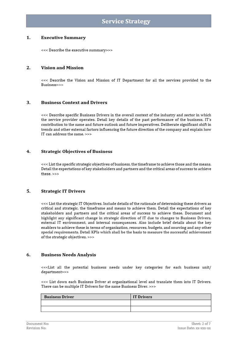 Service strategy template, Service strategy